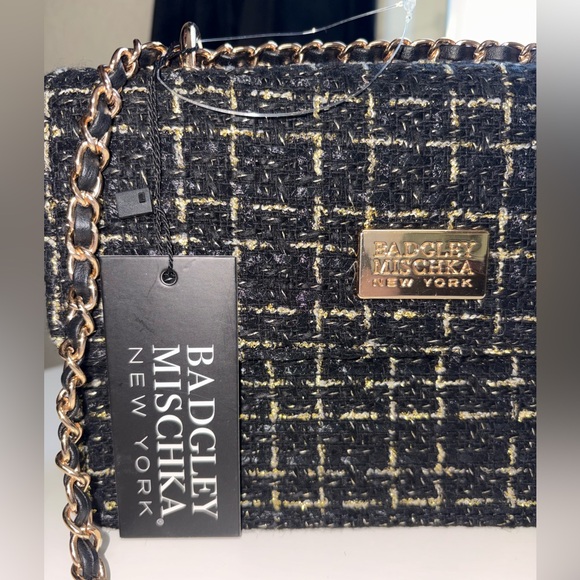 Badgley Mischka Black Tweed Chain Crossbody Bag NWT - Picture 2 of 7